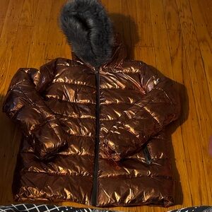 White Mark Metallic Copper Puffer Jacket with Faux Fur Hood